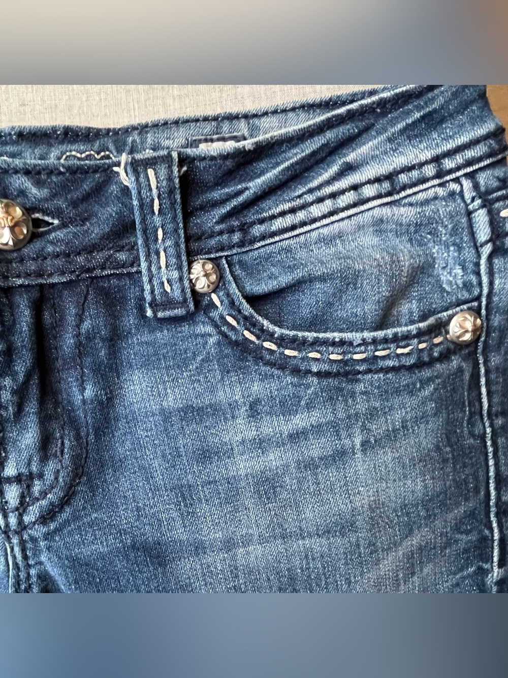 Miss Me Cut Off Jean Shorts Size 28 Embellished Rhinestone Bling Flap Pocket - Picture 4 of 8